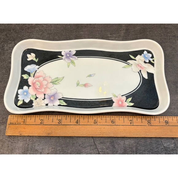 Andrea by Sadek Porcelain Vanity Set Tray and 2 Picture Frames Floral Black 7208 - Picture 2 of 11